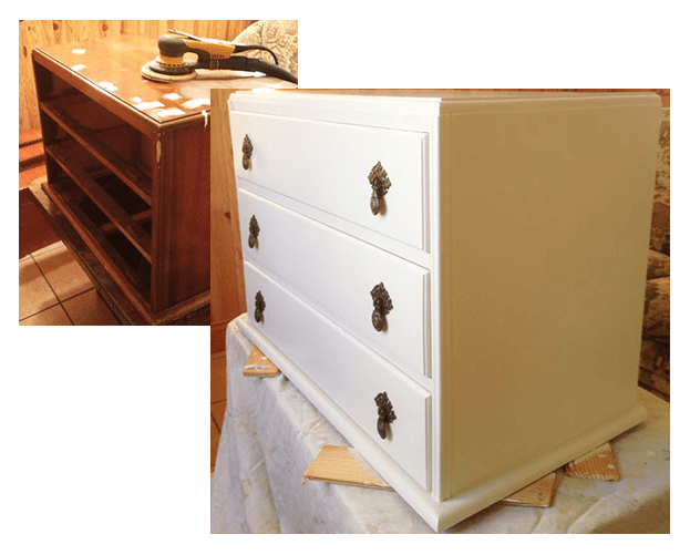 Before: Old chest in need of tlc. Surface imperfections filled and all sanded with Mirka Deros sander with dust extraction. After: Old chest renovated