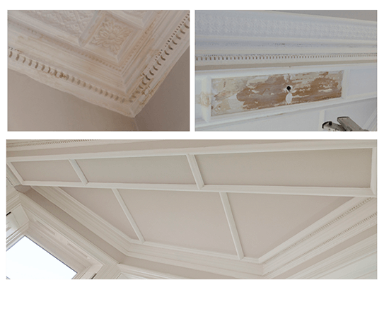 Ceiling repair in stately home via insurance. Top: before, Bottom: after
