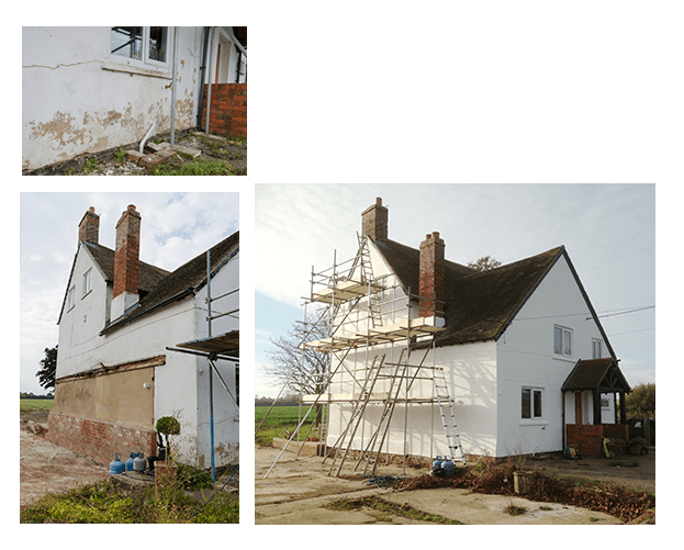Top left: Farmhouse damage to render at front. Bottom left: Farmhouse left elevation before repair and paint. Bottom right: Farmhouse completed just before winter.